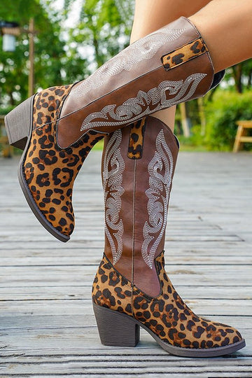 Bottes de cow-girl brodées à talon large léopard marron